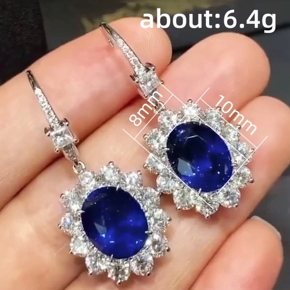 Oval Blue Cubic Zirconia Drop Hook Earrings - Picture 3 of 4